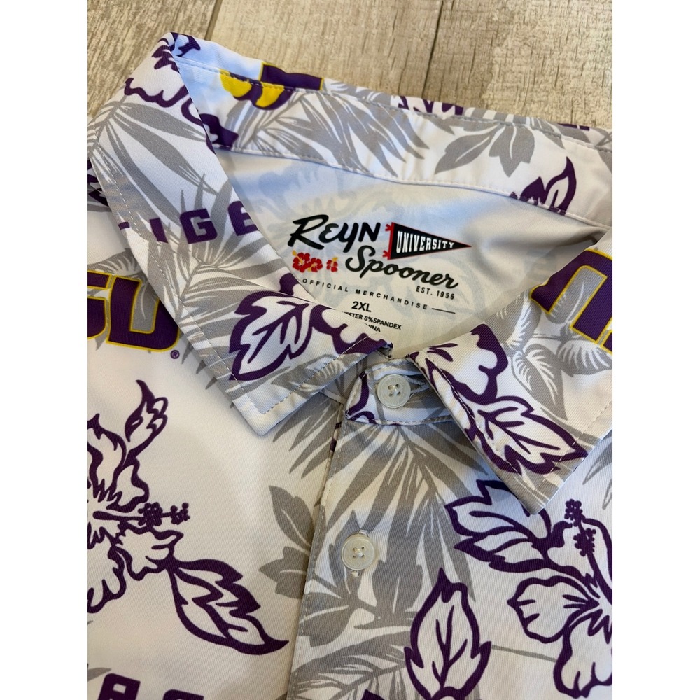 Reyn Spooner LSU Tigers NCAA Performance Polo Shirt Mens 2XL Tropical Floral